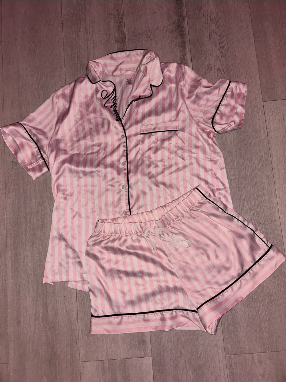 Victoria's Secret Pink and White Stripe Satin Short Pajama Set with Black Piping